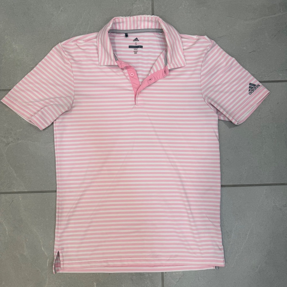 Adidas Golf Mens Small Pink White Striped Short Sleeve Polo Shirt RN 88387